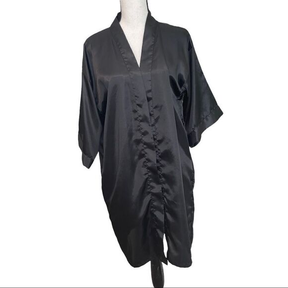 Black Satin Short Robe, Size Small - Picture 1 of 9